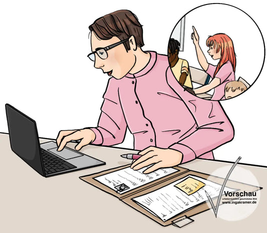 Ein Mann sitzt an einem Schreibtisch und schreibt auf einem Laptop. Neben ihm liegt eine aufgeschlagene Akte. Neben dem Bild ist ein Kreis mit einem Mädchen, dass sich meldet.