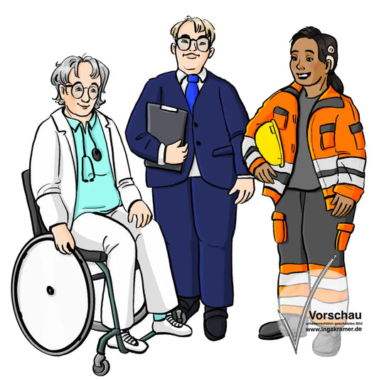 Eine Frau im Rollstuhl mit weißem Kittel und einem Stethoskop um den Hals, ein Mann mit Downsyndrom im dunklen Anzug mit Klemmbrett und eine Frau mit Cochlear Implantat in orangener Kleidung mit einem Helm unter dem Arm.