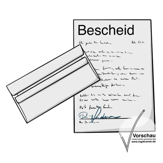 Ein Dokument mit dem Titel: Bescheid. Und ein Briefumschlag.