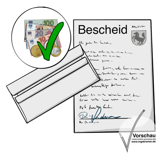 Ein Dokument mit dem Titel: Bescheid. Und ein Briefumschlag. Neben dem Dokument ist ein Kreis. In dem Kreis sieht man Geld mit einem grünen Häkchen. 