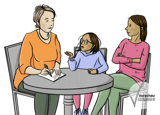 Ein Mädchen, ihre Mutter und eine Beraterin sitzen an einem Tisch. Das Mädchen redet. Die Beraterin schreibt mit.