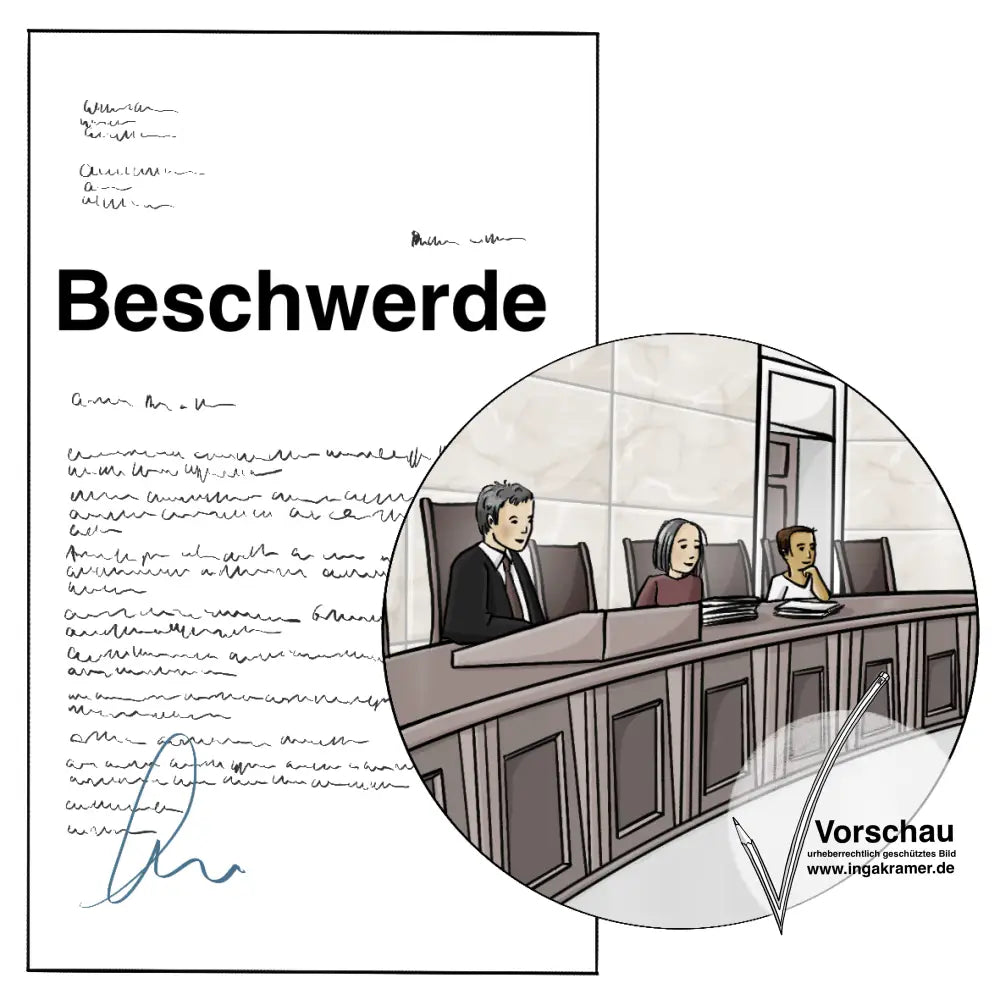 Ein Zettel mit der Überschrift: Beschwerde, unlesbarer Schrift und einer Unterschrift. Daneben ist ein Kreis mit dem Bild von einem Gerichtssaal mit Richtern und Richterinnen. 