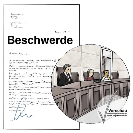 Ein Zettel mit der Überschrift: Beschwerde, unlesbarer Schrift und einer Unterschrift. Daneben ist ein Kreis mit dem Bild von einem Gerichtssaal mit Richtern und Richterinnen. 