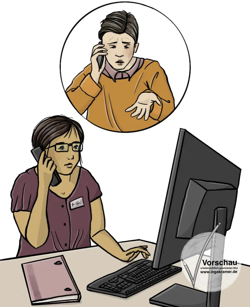 Eine Frau sitzt vor einem Computer und telefoniert. Über ihr ist ein Kreis. Im Kreis sieht man einen Mann. Der Mann telefoniert und schaut ärgerlich. 