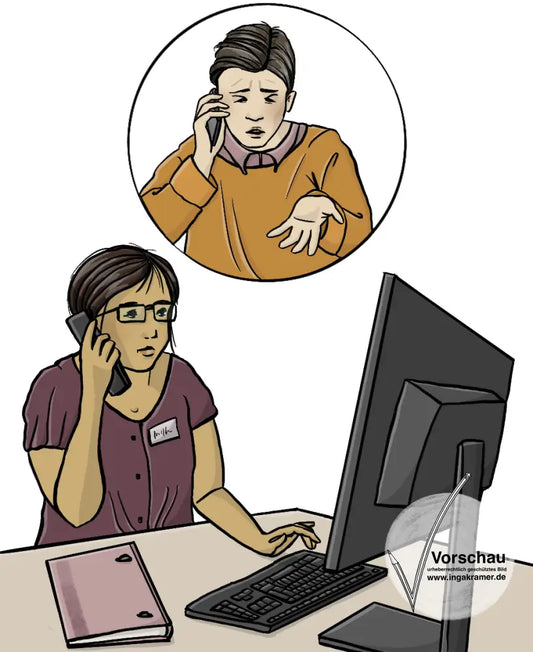 Eine Frau sitzt vor einem Computer und telefoniert. Über ihr ist ein Kreis. Im Kreis sieht man einen Mann. Der Mann telefoniert und schaut ärgerlich. 