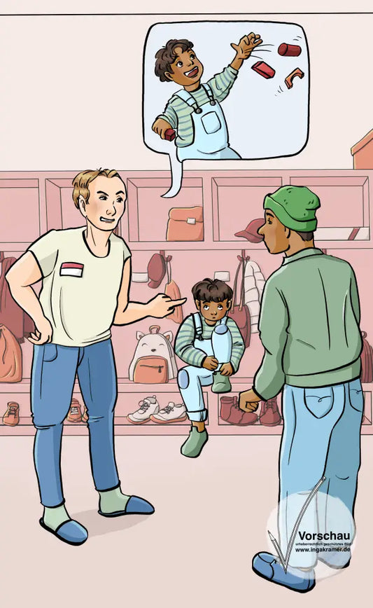 Ein Junge sitzt auf einer Garderobenbank und zieht sich die Schuhe aus. Ein Mann mit einem Namensschild zeigt auf den Jungen und redet mit einem anderen Mann. In einer Sprechblase ist ein Bild von dem Jungen. Er wirft mit Spielzeug.