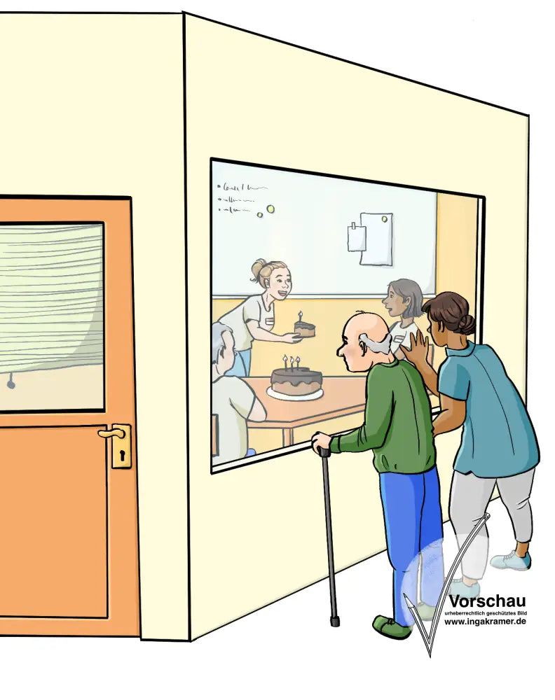 Zwei Menschen mit Behinderung schauen durch ein Fenster in einen Besprechungsraum. Dort sitzen Fachleute und essen Kuchen.