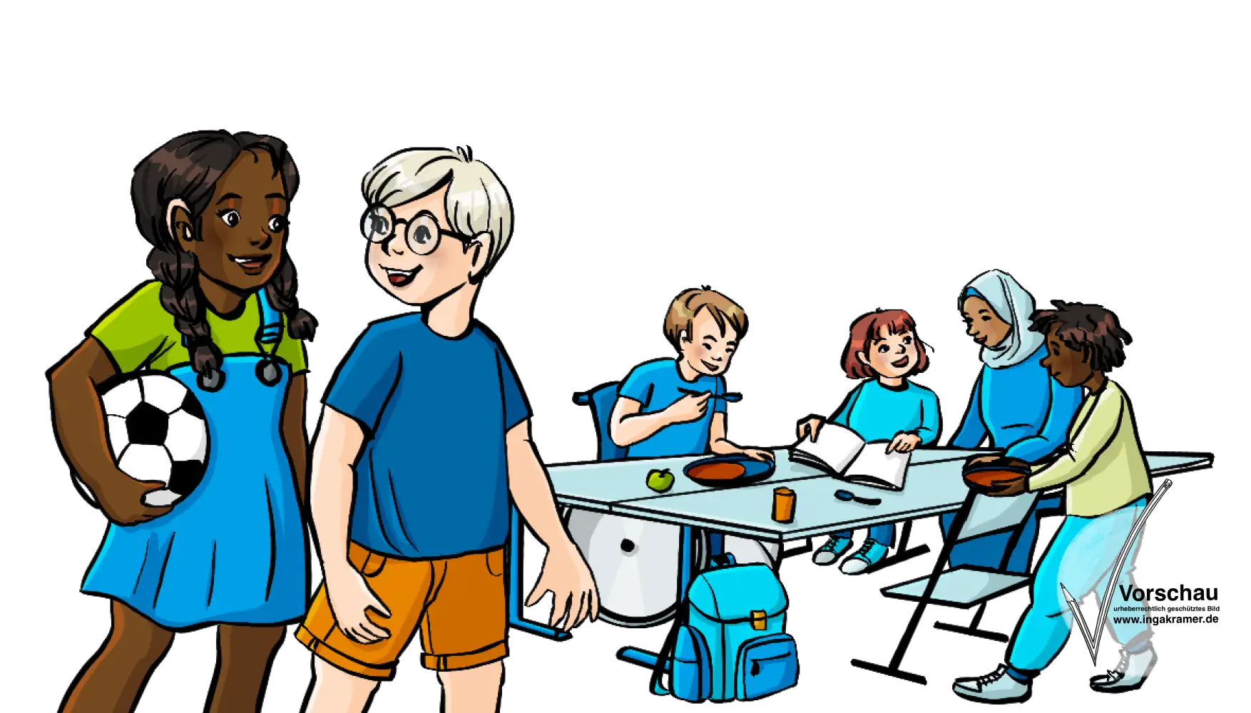 
Alternativtext:
Ein Mädchen mit einem Ball unter dem Arm und ein Junge. Im Hintergrund sitzen Kinder und eine Frau am Tisch. Zwei Kinder essen, eins macht Hausaufgaben.
