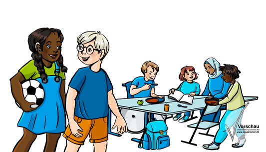 Alternativtext:
Ein Mädchen mit einem Ball unter dem Arm und ein Junge. Im Hintergrund sitzen Kinder und eine Frau am Tisch. Zwei Kinder essen, eins macht Hausaufgaben.