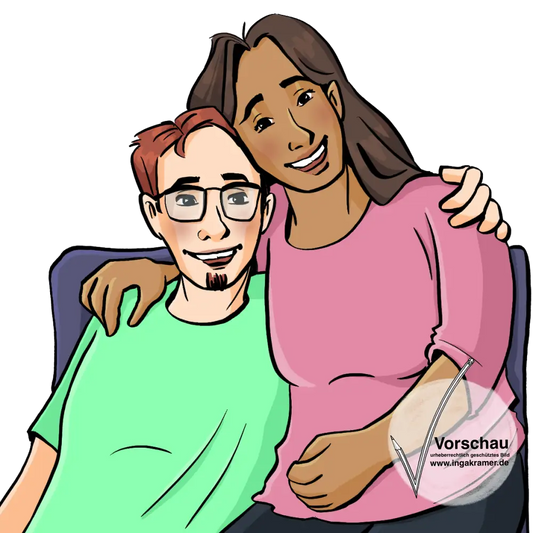 Ein Mann und eine Frau sitzen auf einem Sessel und haben die Arme umeinander gelegt.