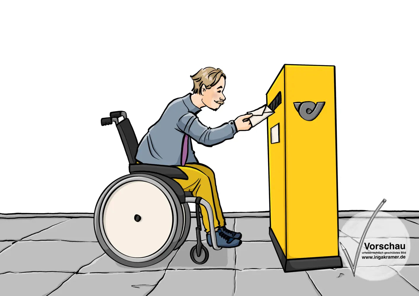 Ein Mann mit Rollstuhl wirfe einen Brief in einen österreichischen Briefkasten.