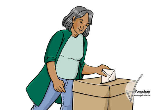 Eine Frau steckt einen Umschlag in eine Wahlurne.