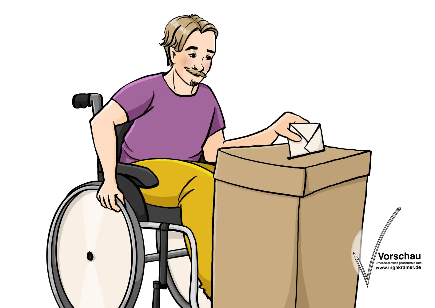 Ein Mann im Rollstuhl steckt einen Umschlag in eine Wahlurne.