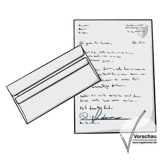 Ein DinA4 Blatt mit Briefkopf, Schrift und Unterschrift, daneben ein länglicher Briefumschlag. 
