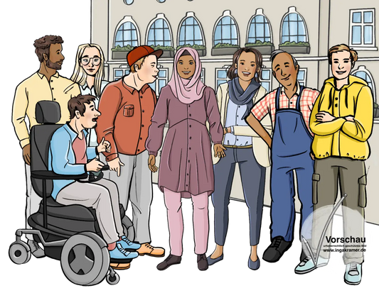 Eine Gruppe Menschen vor einem Rathaus.