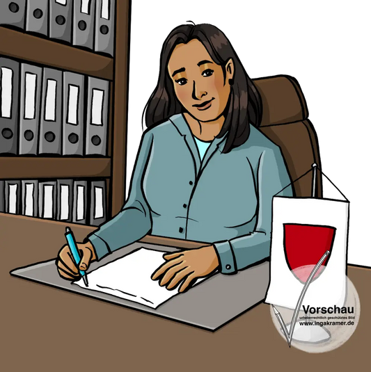 Eine Frau sitzt in einem Ledersessel am Schreibtisch. Auf dem Schreibtisch steht ein Wimpel mit einem Wappen.