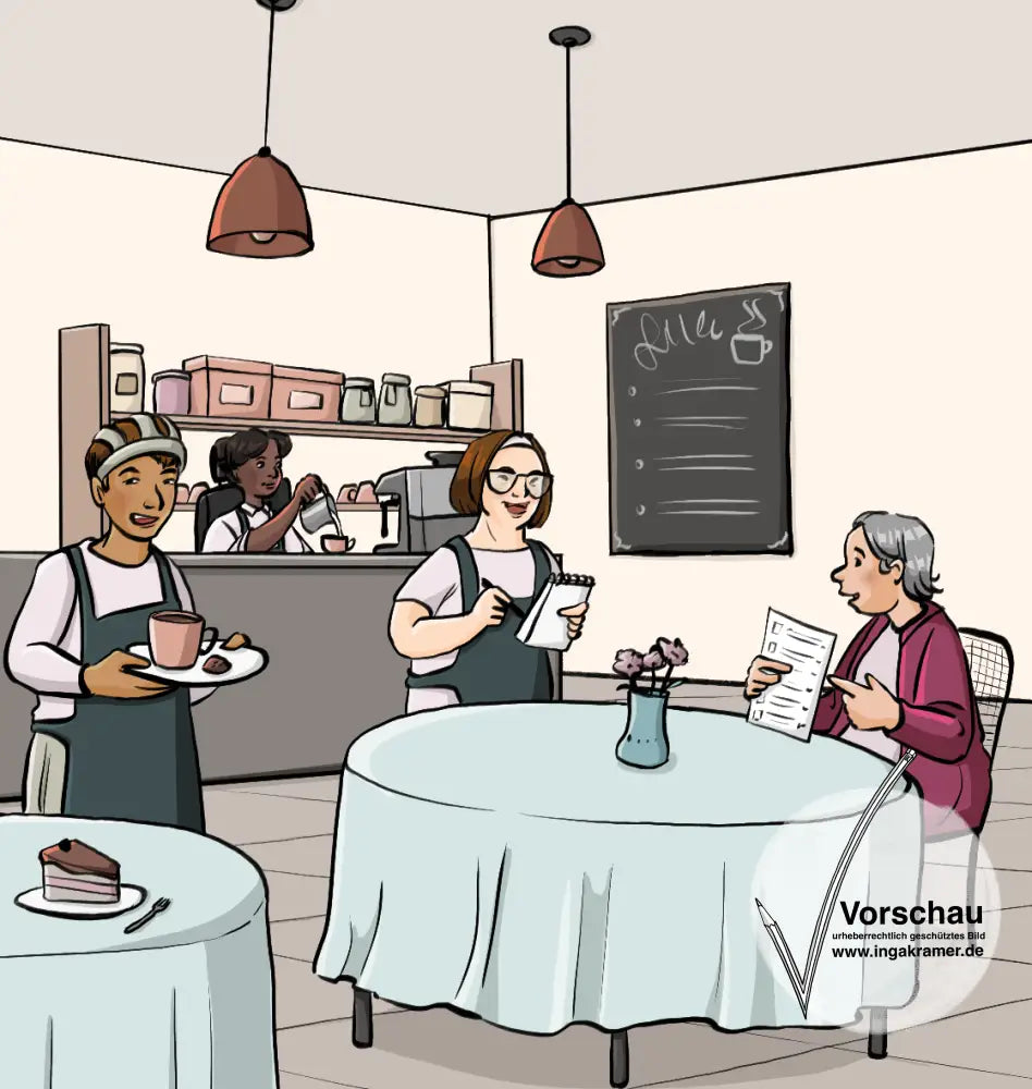 Ein Café. Eine Frau an einem Tisch bestellt bei einer Kellnerin mit Donsyndrom. Ein Kellner mit einem Kopfschutzhelm trägt ein Tablett.