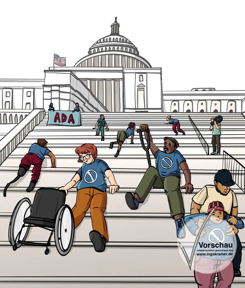 Menschen mit Gehbehinderungen krabbeln die Treppe zum Capitol hinauf. Sie tragen blaue T-Shirts.