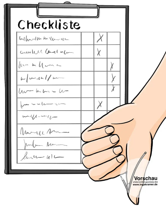 Ein Zettel auf einem Klemmbrett mit der Überschrift: Checkliste. Daneben ein Daumen, der nach unten zeigt.