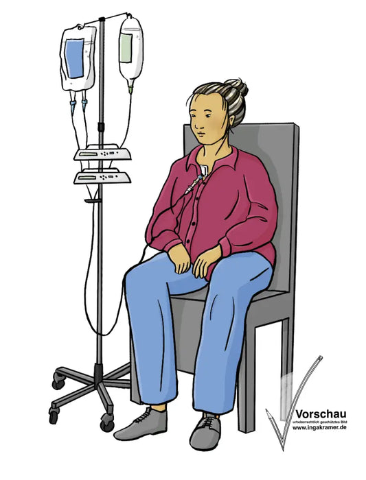 Eine Frau sitzt auf einem Stuhl. Neben ihr steht ein Infusionsständer. Von dem Ständer führen Schläuche zum Brustkorb der Frau. 