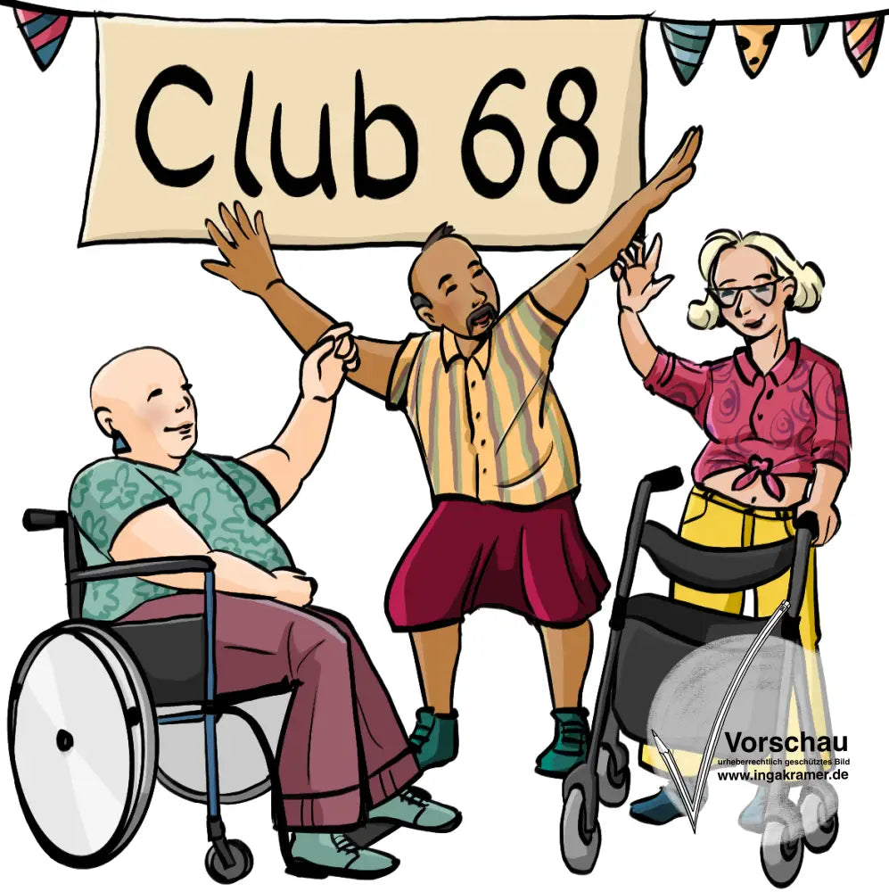 Drei Menschen mit Behinderungen in bunter Kleidung tanzen. Im Hintergrund hängt eine Wimpelkette und ein Schild mit der Aufschrift: Club 68.