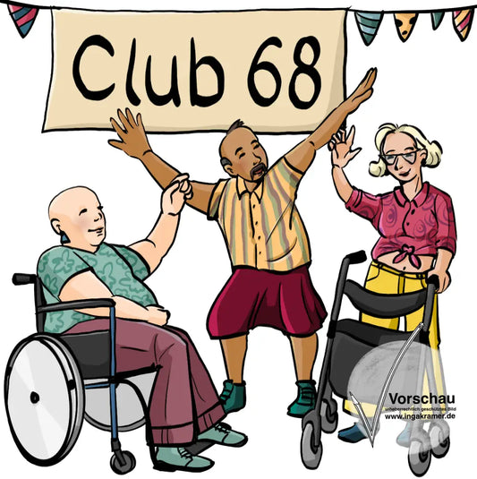 Drei Menschen mit Behinderungen in bunter Kleidung tanzen. Im Hintergrund hängt eine Wimpelkette und ein Schild mit der Aufschrift: Club 68.