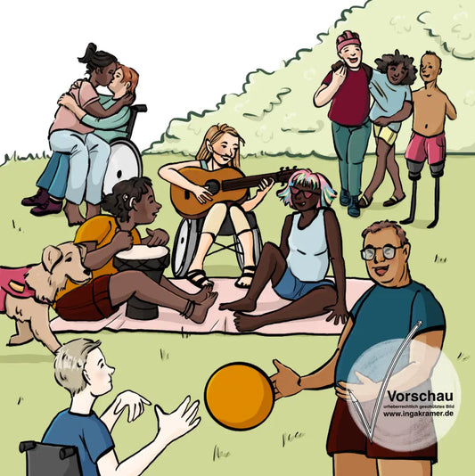 Eine Gruppe Jugendliche mit Behinderung auf einer Wiese. Einige spielen Ball, einige sitzen auf einer Decke und machen Musik. Im Hintergrund küssen sich 2 Jugendliche, 3 andere laufen Arm in Arm.&nbsp;