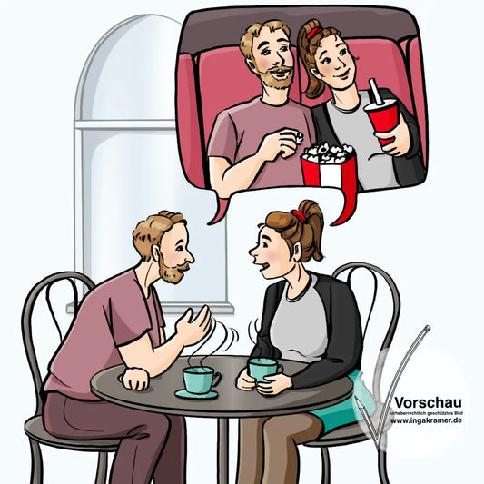 Ein Mann und eine Frau sitzen an einem Cafetisch gegenüber. In einer Sprechblase sind die beiden auf Kinosesseln und halten Popcorn und Getränke in der Hand.