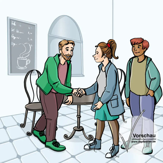 Ein Mann und eine Frau geben sich in einem Café die Hand. Etwas abseits steht eine andere Person.