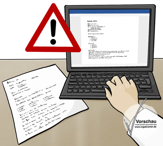 Eine Hand tippt Text in einen Laptop ein. Neben dem Laptop liegt ein Zettel mit Text. Neben dem Laptop ist ein rotes Dreieck mit einem Ausrufezeichen.
