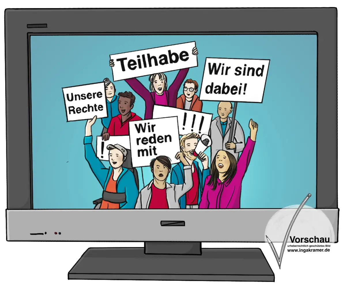 Ein Fernseher. Auf dem Bildschirm ist eine Menschengruppe. Sie halten Schilder in die Höhe mit den Aufschriften: Teilhabe, Wir sind dabei, Unsere Rechte, wir reden mit. 