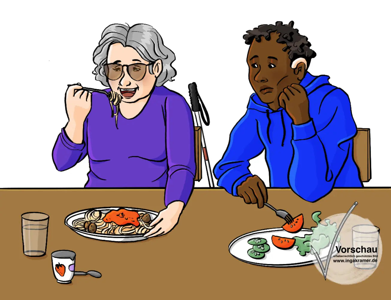 Ein Mann und eine Frau sitzen auf einem Tisch. Die Frau isst Spaghetti, auf dem Teller vom Mann liegt nur Gemüse. Der Mann schaut auf den Teller von der Frau.