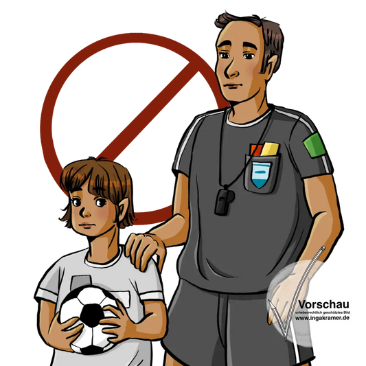 Ein durchgestrichener roter Kreis, davor stehen ein Mann und ein Kind mit hellbrauner Hautfarbe und dunklen Haaren. Der Mann trägt ein Schiedsrichtertrikot und eine Trillerpfeife um den Hals. Das Kind trägt ein Fußballtrikot und hält einen Fußball. Beide schauen traurig. 