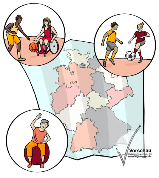 Eine Deutschlandkarte mit drei Kreisen. Im ersten Kreis ist ein Bild von einem Mann und einer Frau im Rollstuhl. Sie spielen Basketball. Im zweiten Kreis spielen eine Frau und ein Mann Fußball. Im dritten Kreis macht eine ältere Frau eine Übung auf einem Gymnastikball.