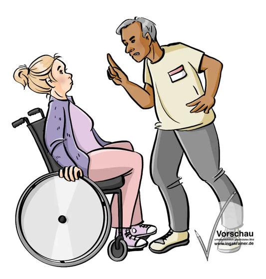 Ein Mann mit Namenschild steht mit erhobenem Zeigefinger vor einer Frau im Rollstuhl. Die Frau guckt erschrocken.