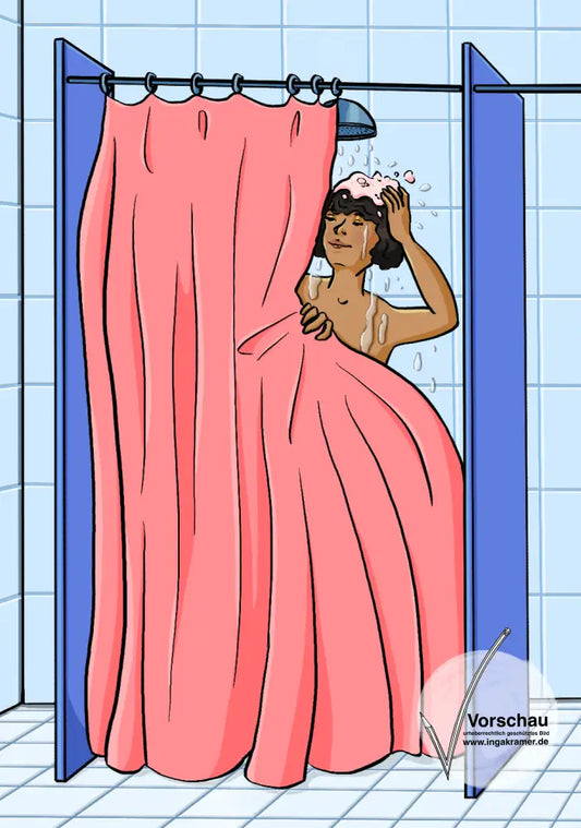 Eine Frau duscht in einer Schwimmbaddusche. Vor der Dusche ist ein Vorhang.