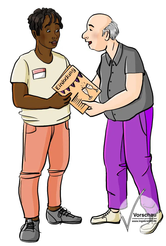 Ein Mann gibt einem anderen mann mit Namensschild eine Einladungskarte.