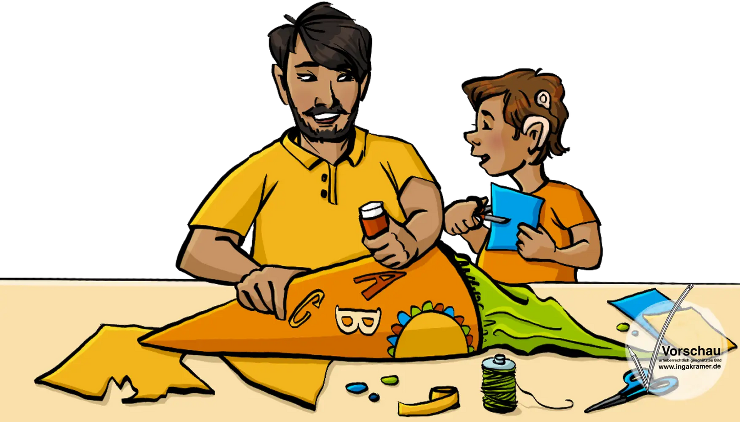 Ein Mann und ein Junge basteln zusammen eine Schultüte.