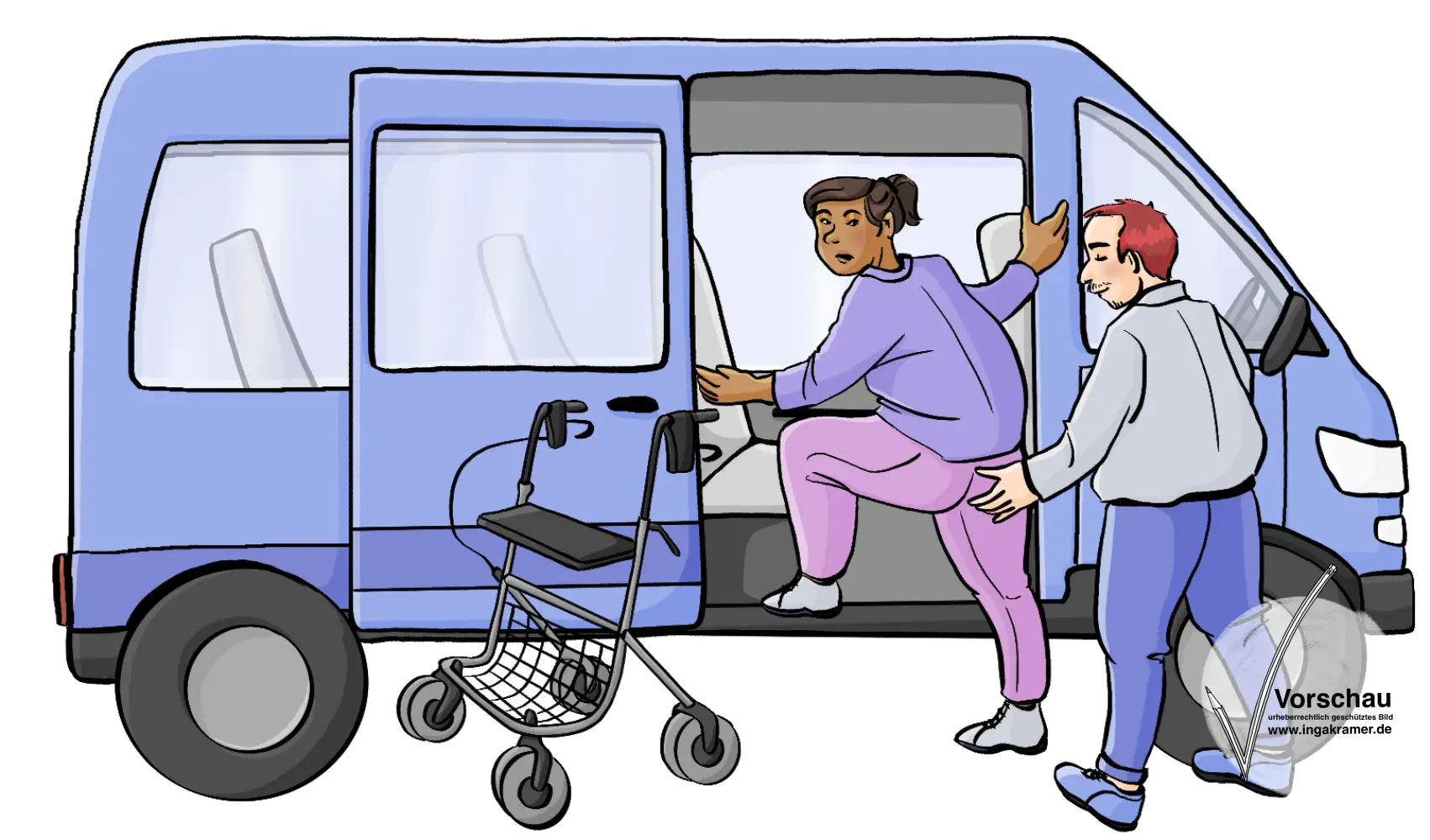 Eine Frau steigt in einen Kleinbus, neben dem Bus steht eine Gehhilfe. Ein Mann schiebt die Frau am Hintern in den Bus.