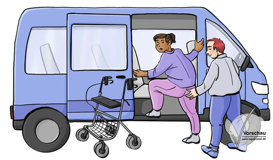 Eine Frau steigt in einen Kleinbus, neben dem Bus steht eine Gehhilfe. Ein Mann schiebt die Frau am Hintern in den Bus.