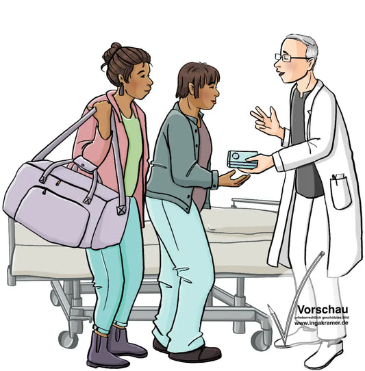 Zwei Frauen und ein Mann in weißem Kittel stehen neben einem Krankenhausbett. Die eine Frau trägt eine Reisetasche. Der Mann gibt der anderen Frau eine Schachtel und zeigt mit den Fingern die Zahl drei.