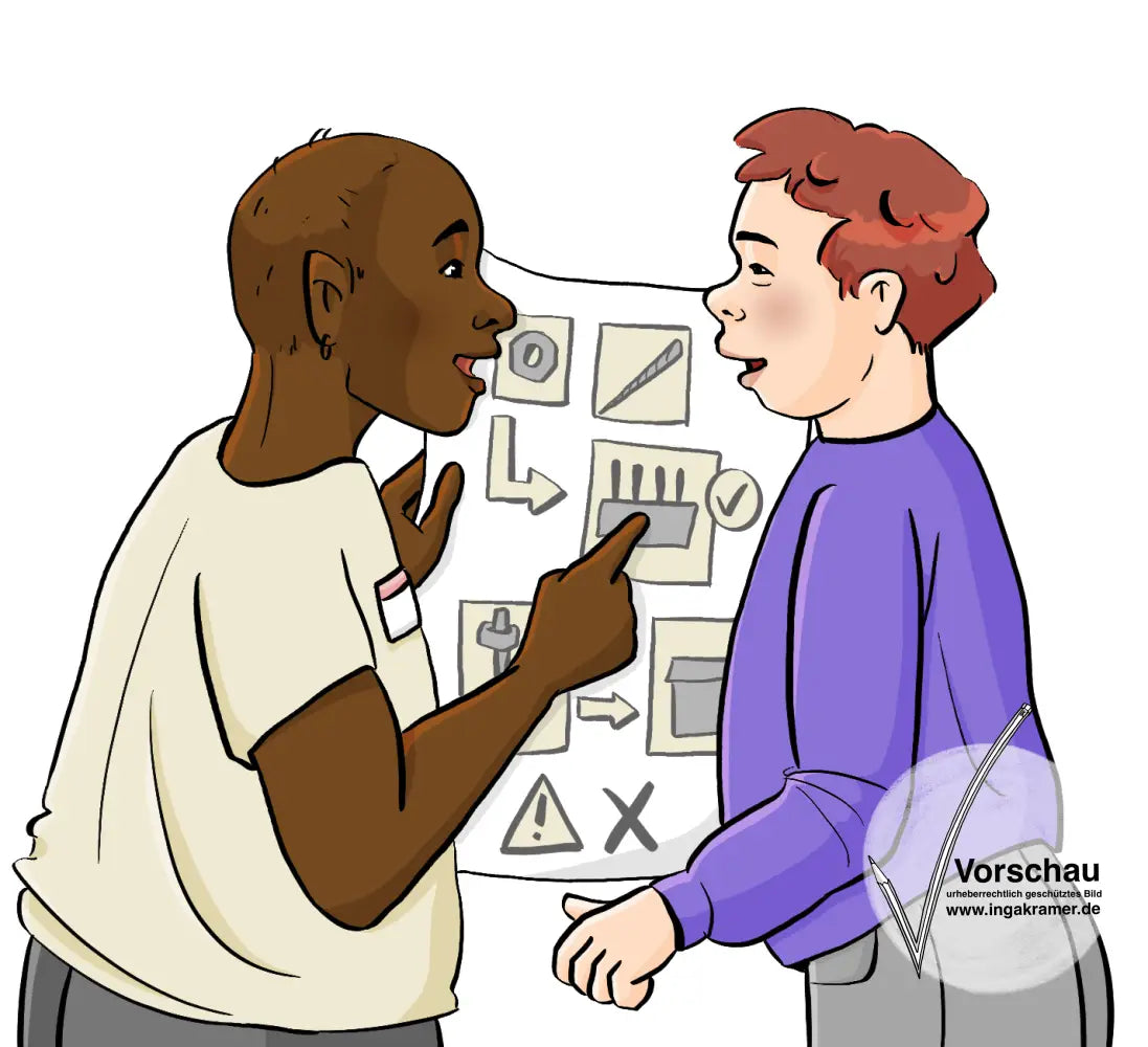 Ein Mann zeigt einem Mann mit Downsyndrom etwas auf einem Plan mit Symbolen.