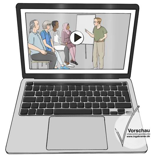 Ein Laptop mit einem Play-Zeichen auf dem Bildschirm. Auf dem Bildschirm sitzen Menschen auf Stühlen. Eine Frau zeigt etwas an einer Flipchart.