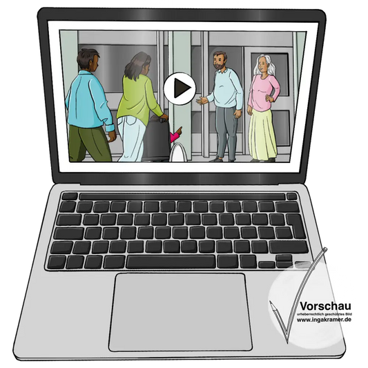 Ein Laptop mit einem Play-Zeichen auf dem Bildschirm. Auf dem Bildschirm gehen ein Mann und eine Frau und ein Kind im Rollstuhl auf ein Gebäude zu. Im Eingang stehen ein Mann und eine Frau.