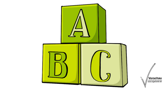 Drei Würfel mit den Buchstaben: A, B, C.