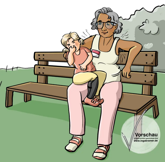 Eine Frau mit ärmellosem Top sitz auf einer Bank und hat ein Mädchen auf dem Schoß. Das Mädchen hält sich die Nase.