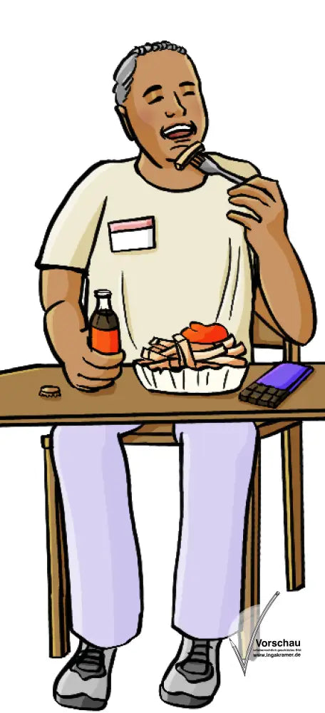 Ein Mann sitzt am Tisch, isst Pommes und trinkt Cola. Neben den Pommes liegt eine Tafel Schokolade.