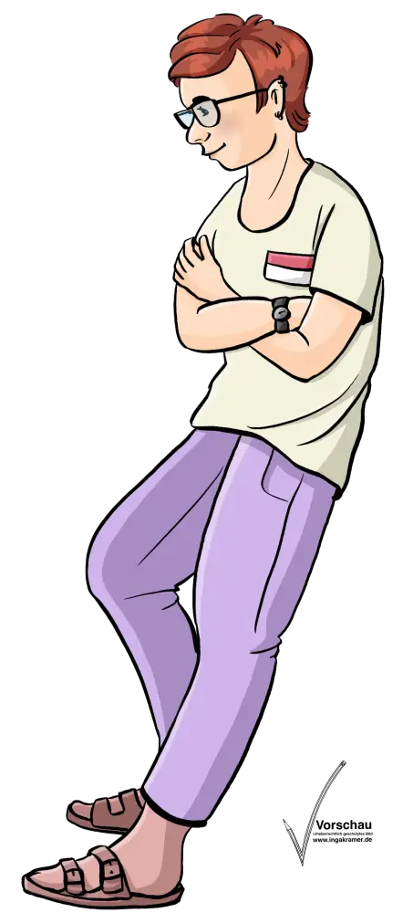 Eine Frau mit Namensschild lächelt. Sie hat die Arme verschränkt.