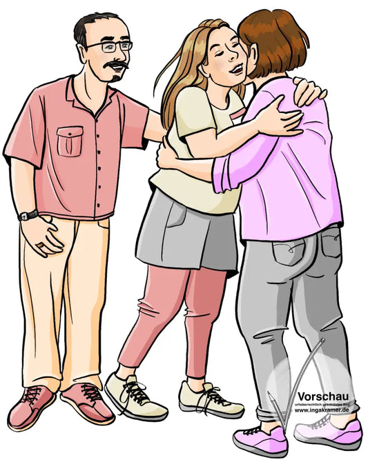 Ein Mann und eine Frau umarmen eine Frau mit Namensschild.