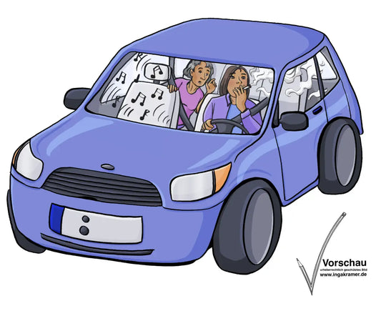 Eine Frau sitzt hinten im Auto, die Fahrerin raucht. In einer Sprechblase sind Musik-Noten.